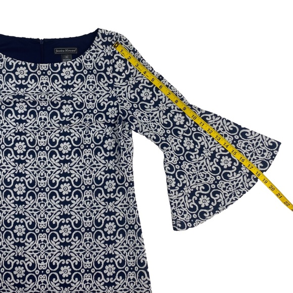 Jessica Howard Women’s Navy White Embroidered Dress 3/4 Bell Sleeves, Size 10 - Picture 11 of 13